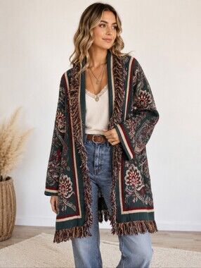 Handmade Tapestry Jacket Boho Paisley Fringe Oversized
